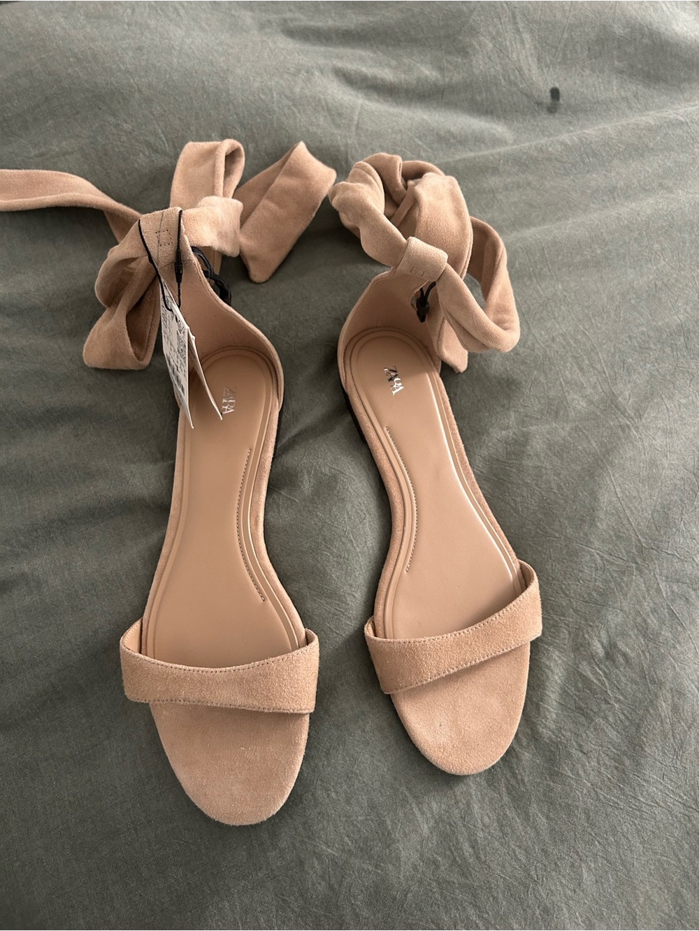 Zara Nude Tie-Strap Suede Sandals - Picture 2 of 5